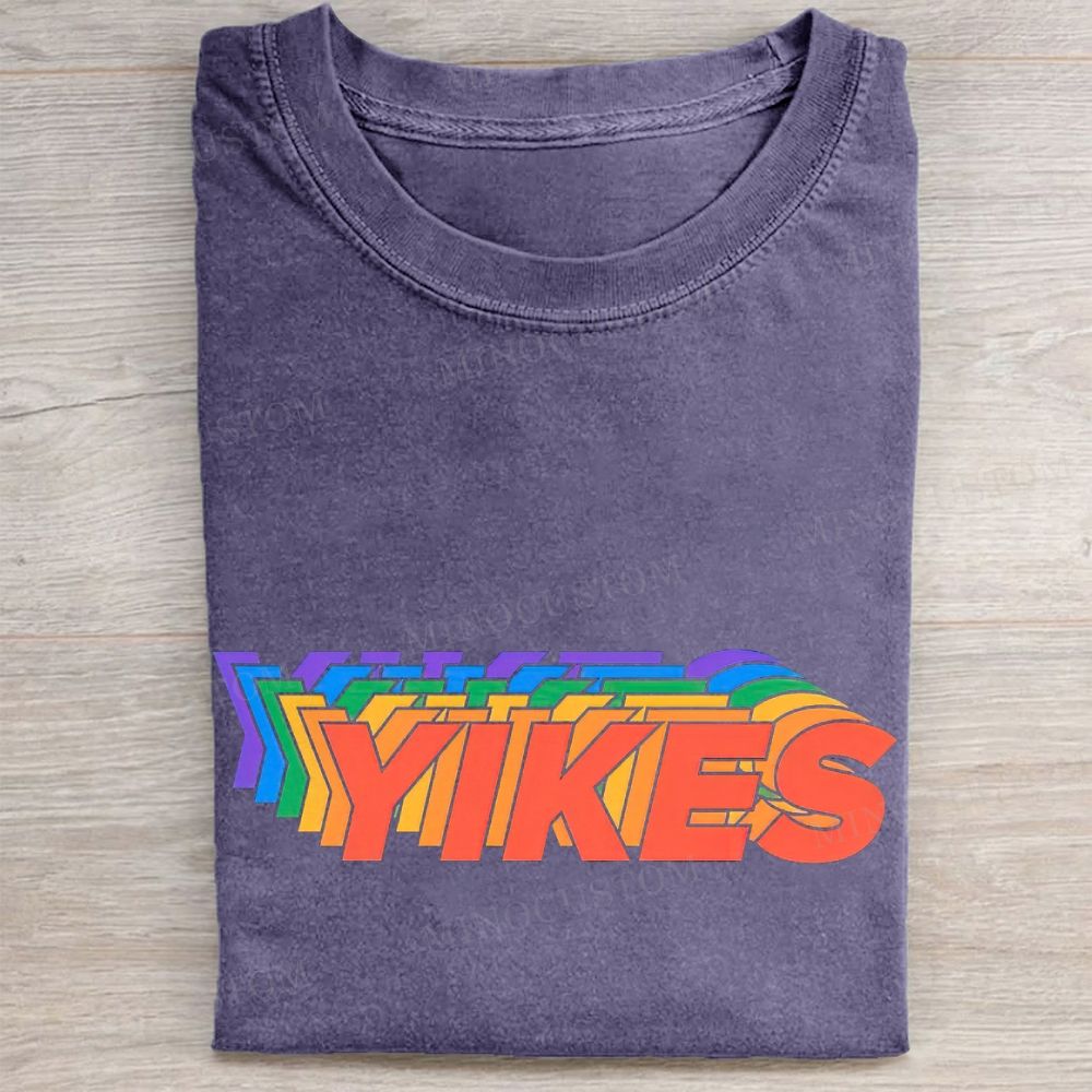 Layered Rainbow Yikes Retro Text Vintage Washed Tee 