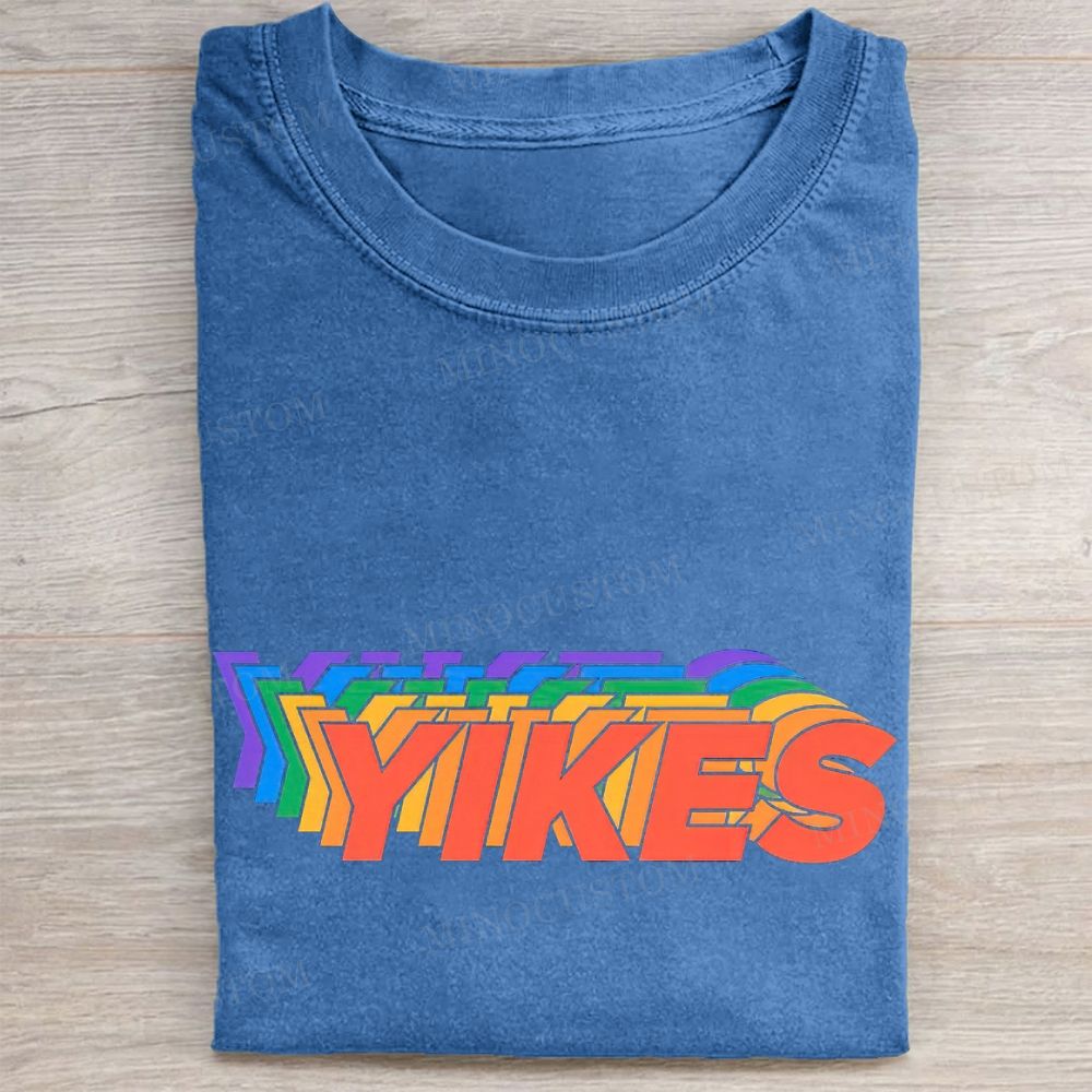 Layered Rainbow Yikes Retro Text Vintage Washed Tee 