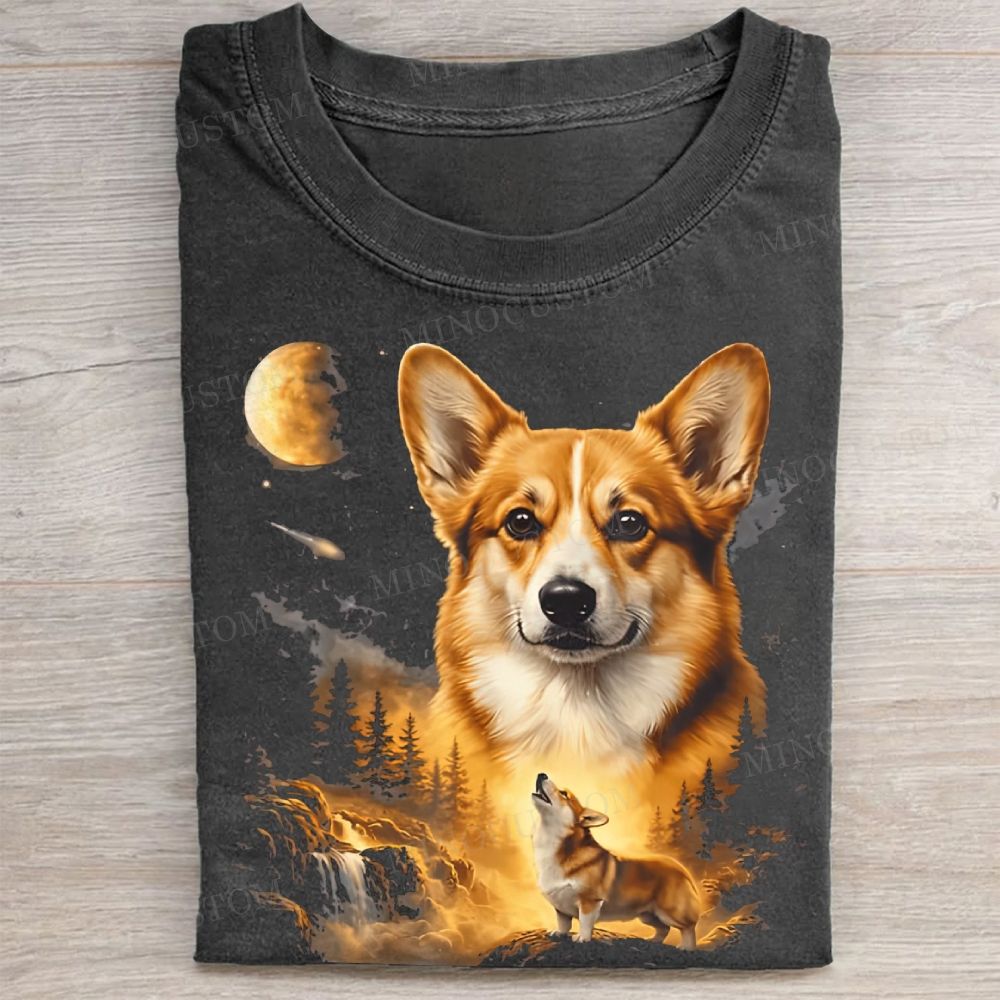 Moonlit Mountain Corgi Art Landscape Vintage Washed Tee