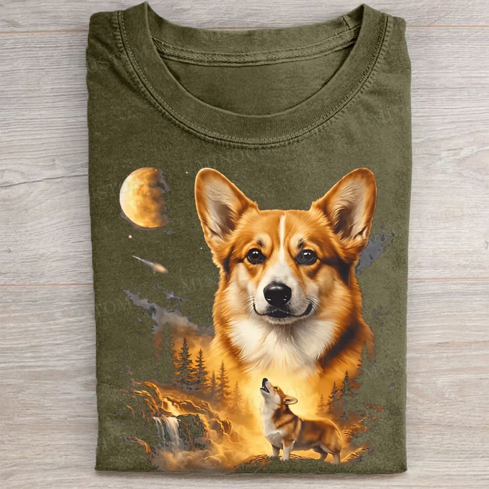 Moonlit Mountain Corgi Art Landscape Vintage Washed Tee