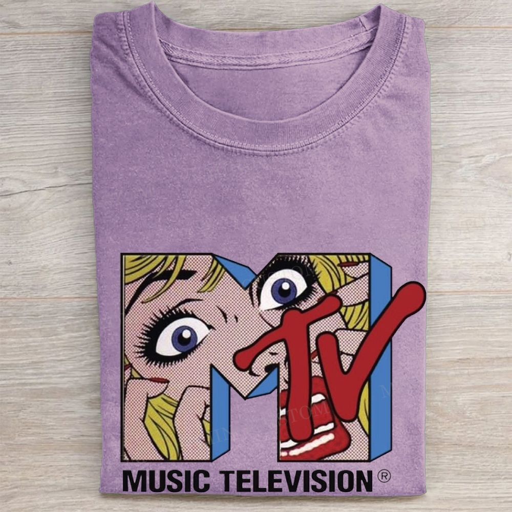  Retro Pop Art MTV Logo Classic Vintage Washed Tee