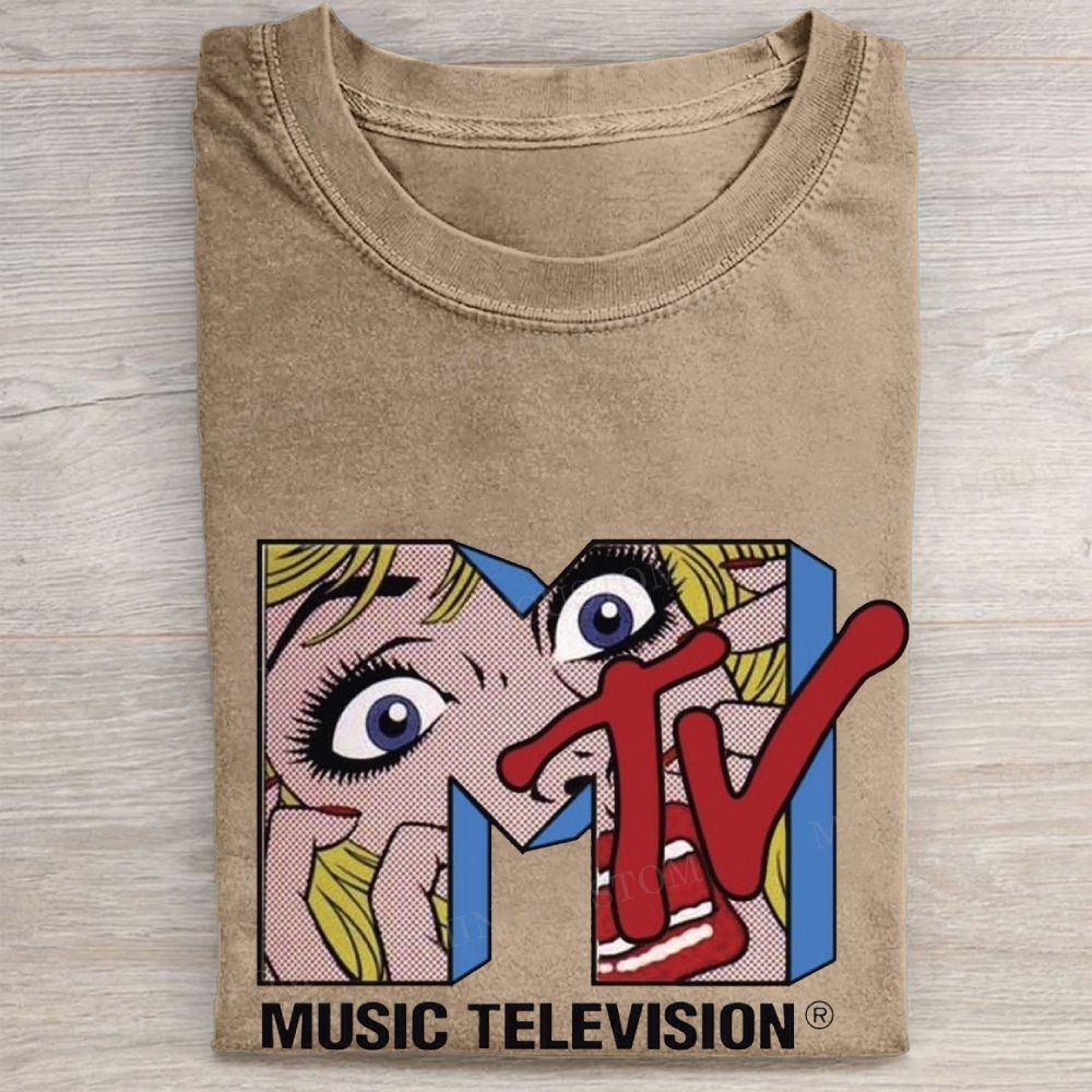  Retro Pop Art MTV Logo Classic Vintage Washed Tee