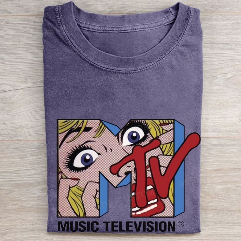 Retro Pop Art MTV Logo Classic Vintage Washed Tee
