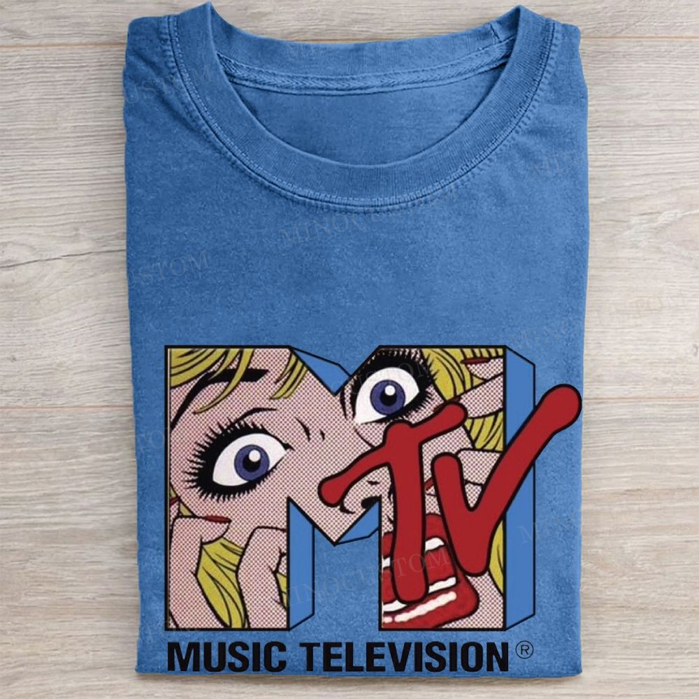  Retro Pop Art MTV Logo Classic Vintage Washed Tee
