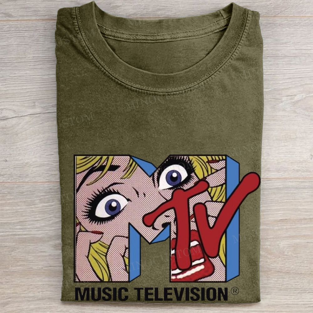  Retro Pop Art MTV Logo Classic Vintage Washed Tee