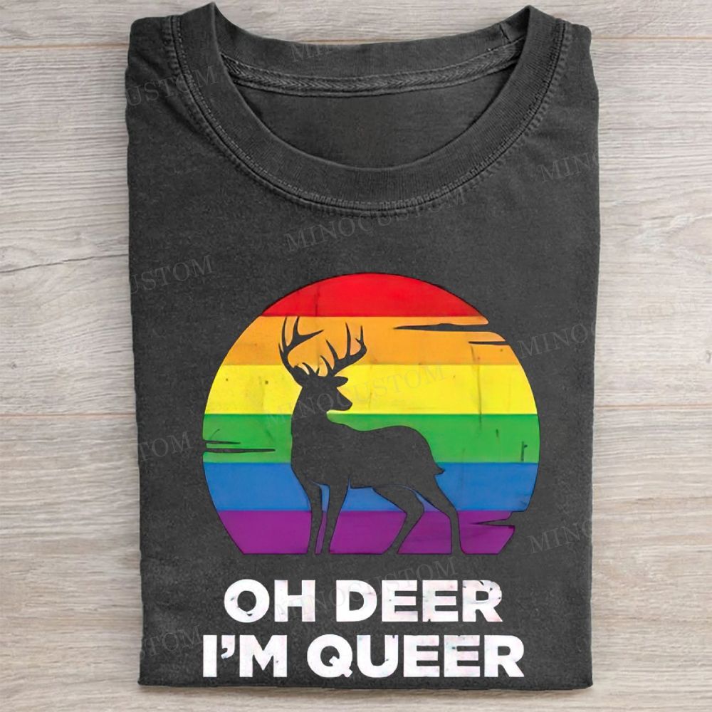 Oh Deer I'm Queer Rainbow Sunset Pride Vintage Washed Tee