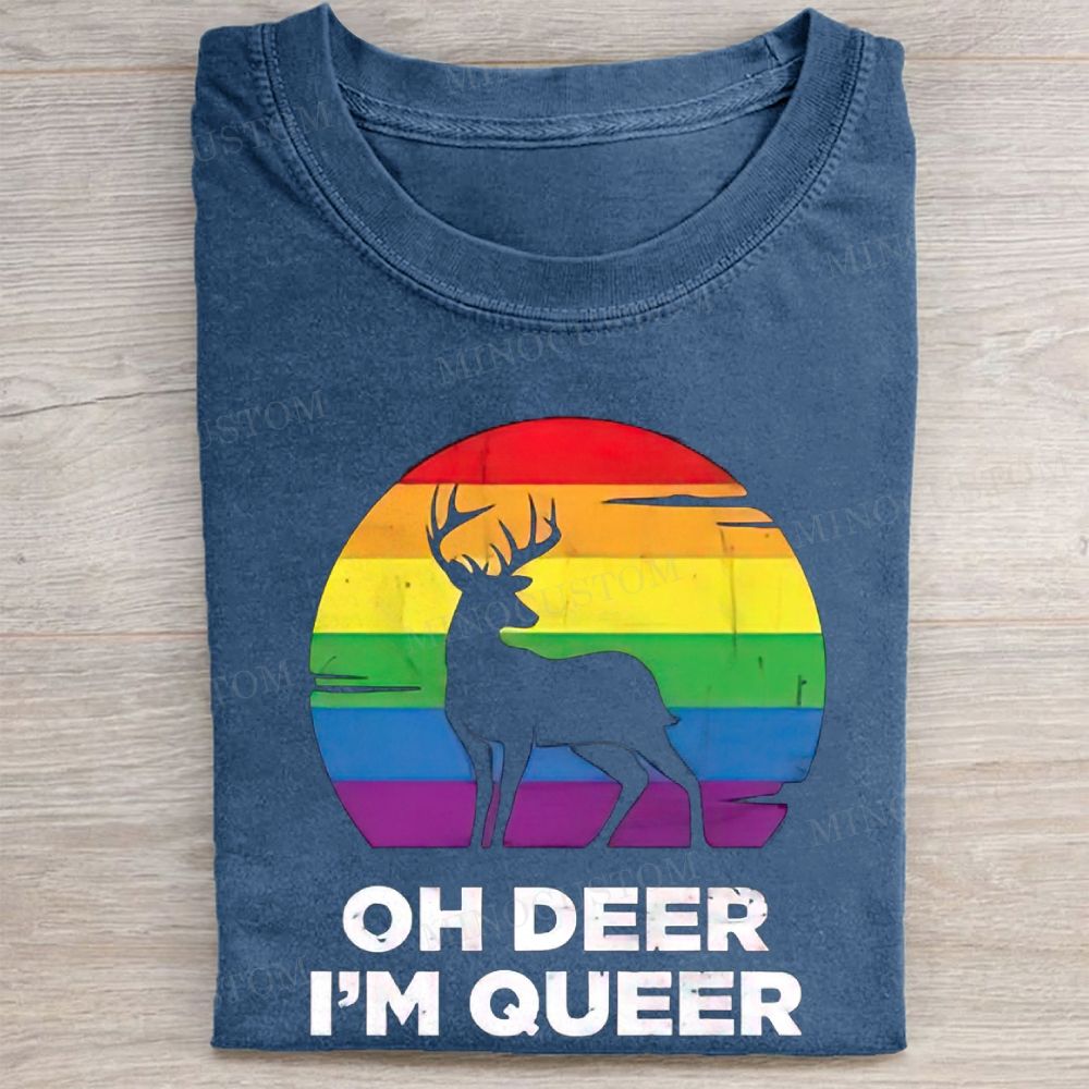 Oh Deer I'm Queer Rainbow Sunset Pride Vintage Washed Tee