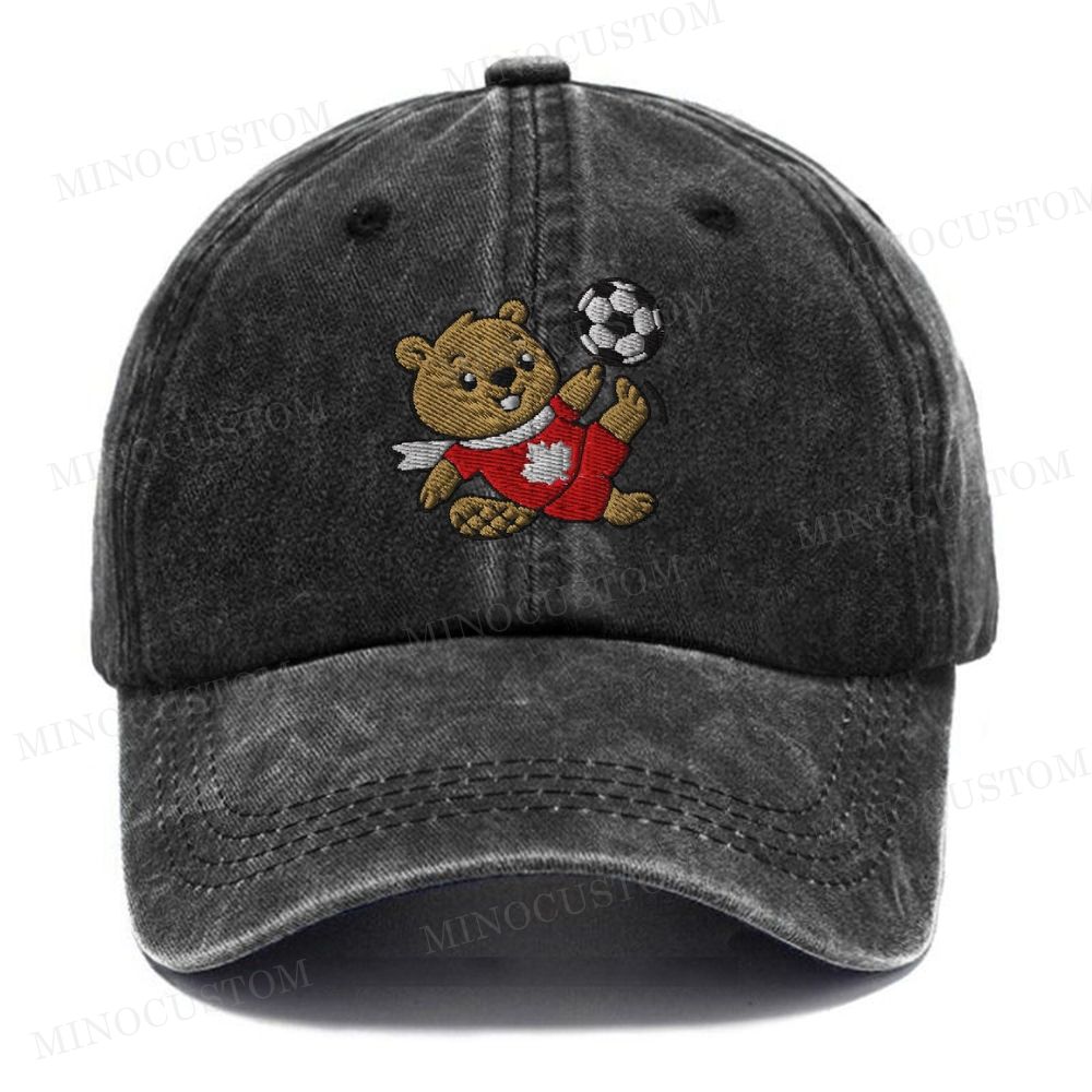 Embroidered  Canada Soccer  Beaver Mascot Washed Cap 
