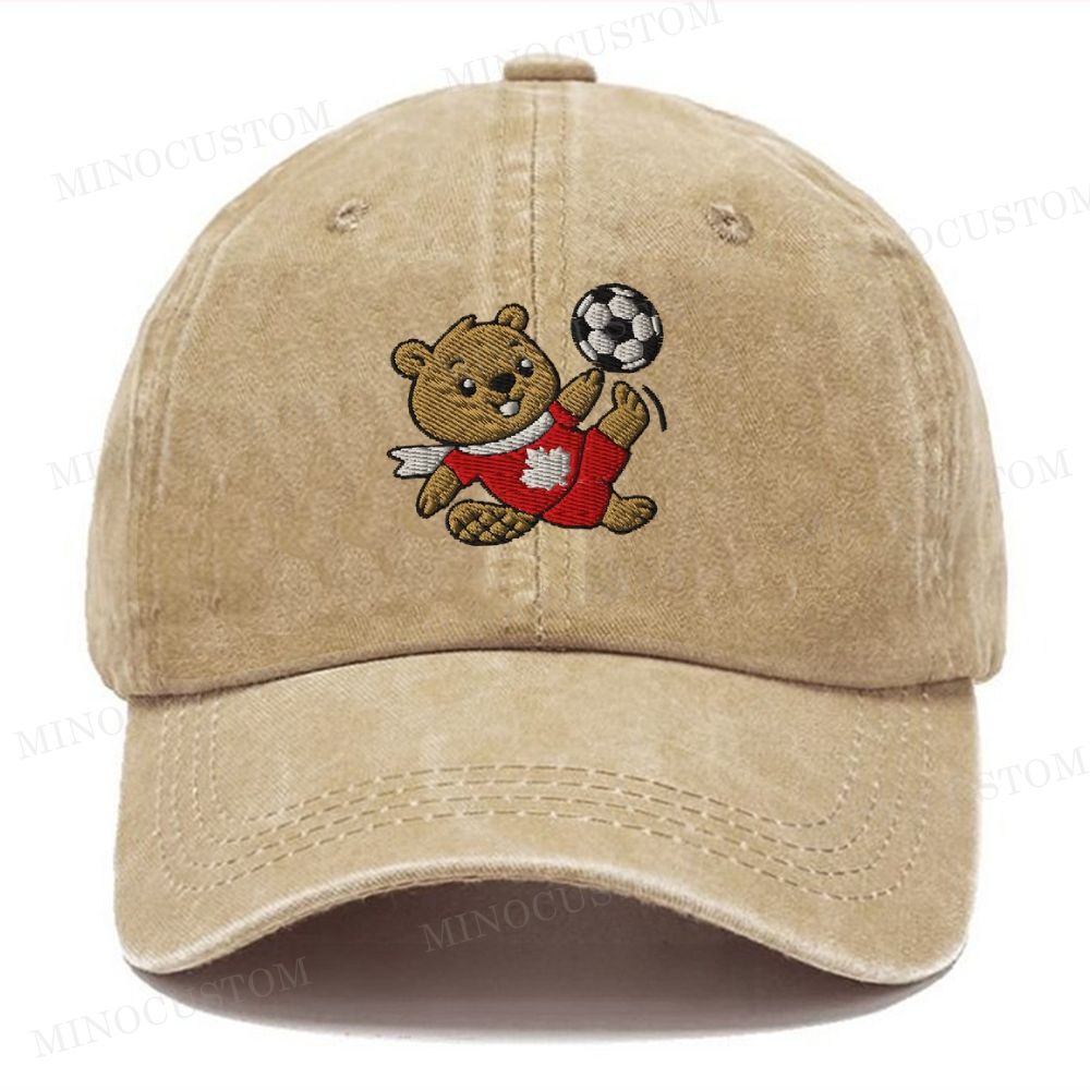 Embroidered  Canada Soccer  Beaver Mascot Washed Cap 