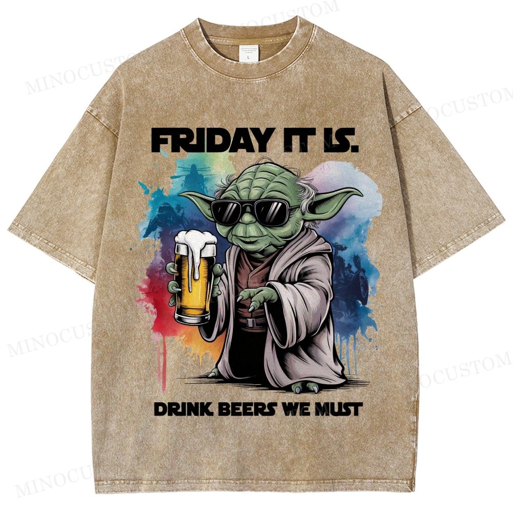 "Friday It Is" Beer Lover Yoda Parody Washed T-Shirt
