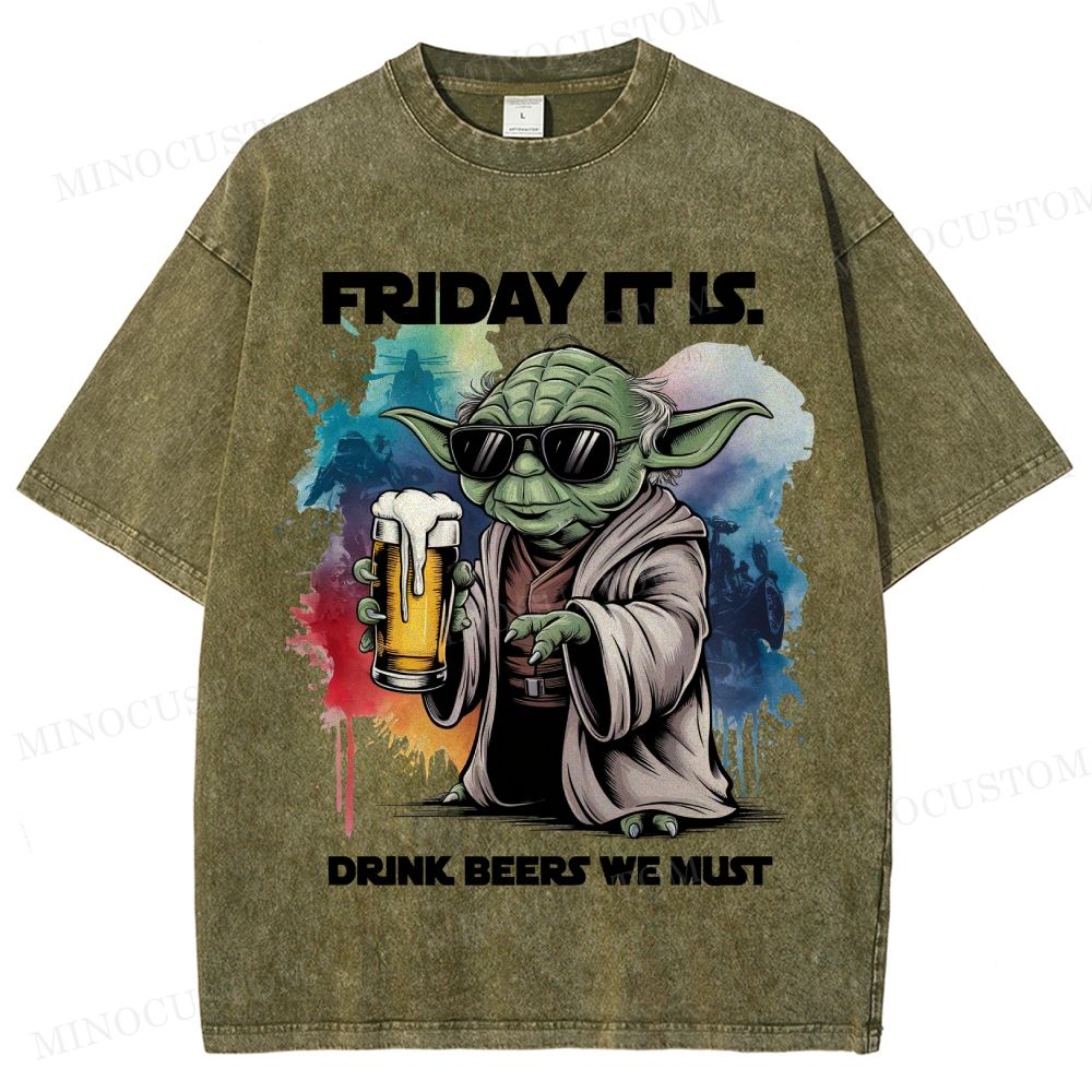 "Friday It Is" Beer Lover Yoda Parody Washed T-Shirt
