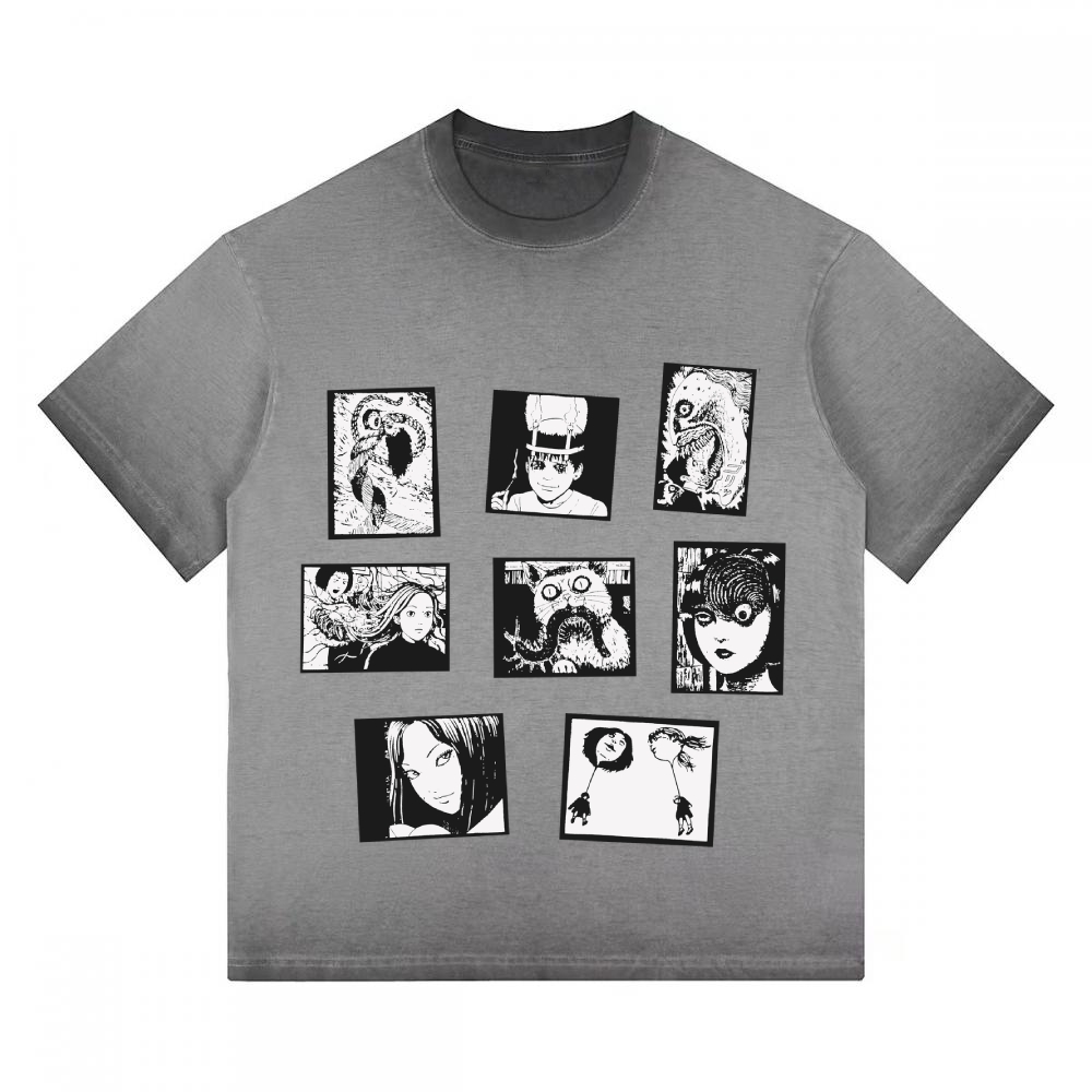 Retro Horror Manga Collage Graphic Oversized Gradient Washed T-shirt