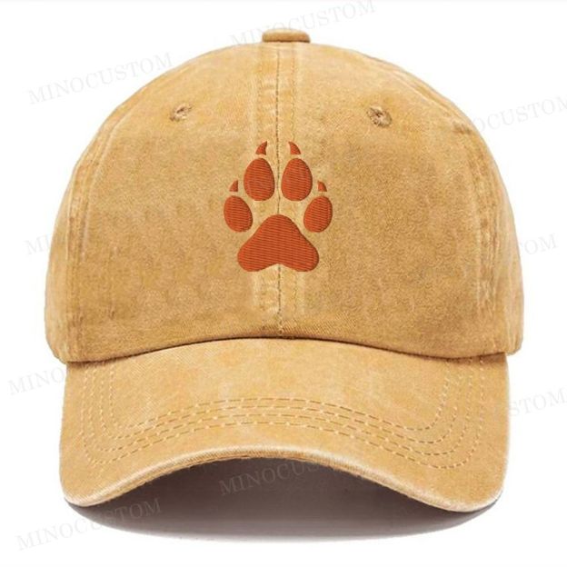 Orange Paw Print Embroidered Vintage Casual Washed Cap