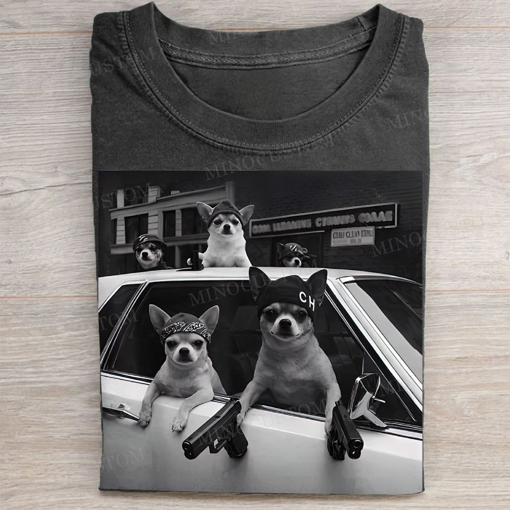 Chihuahua Gangsta Black and White Vintage Washed Tee 