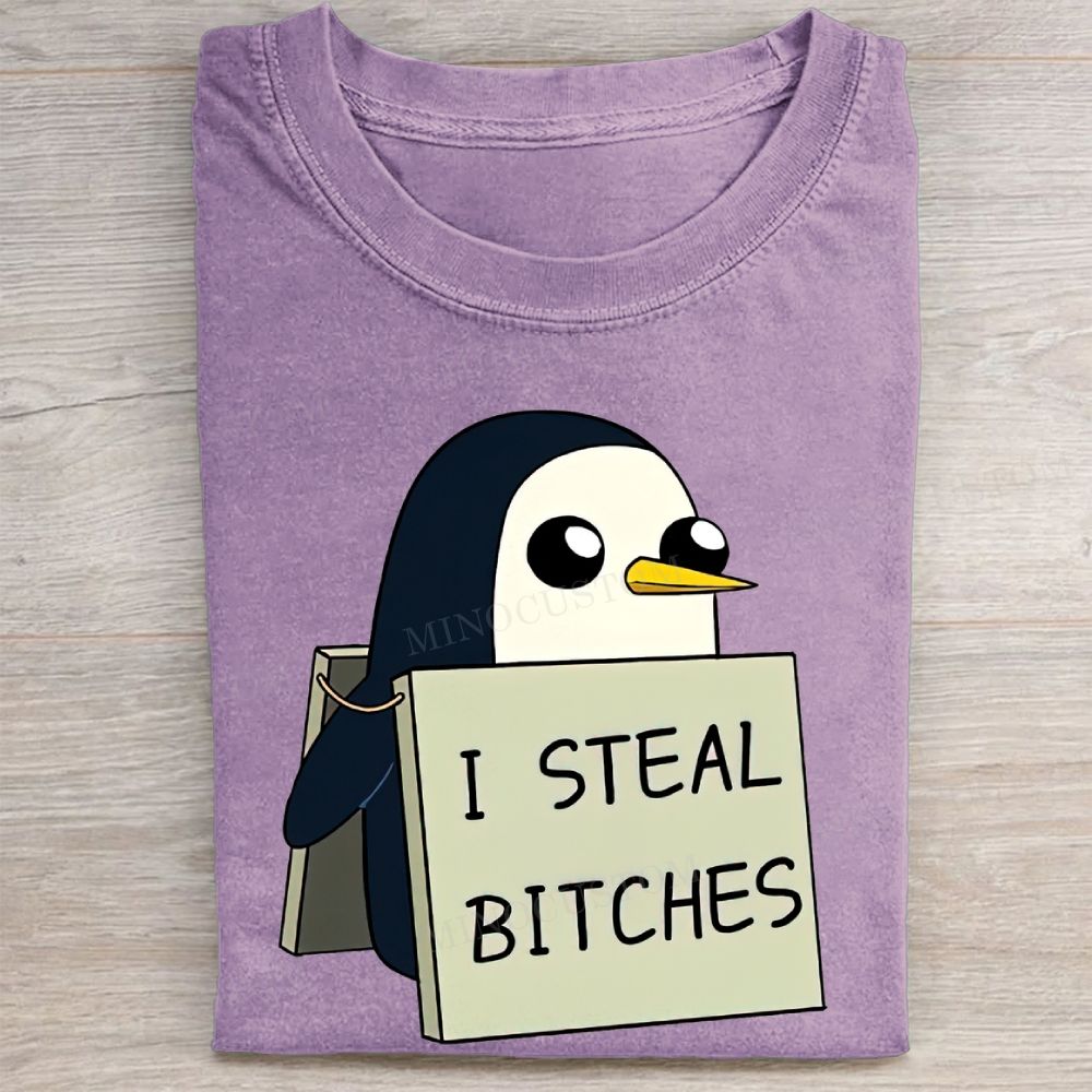 "I Steal Bitches" Penguin Meme Vintage Washed Tee