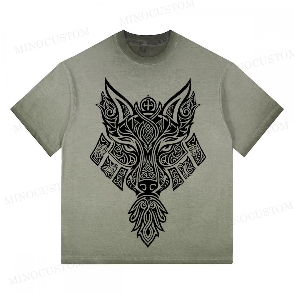 Vintage Norse Wolf Totem Graphic Oversized Gradient Washed T-shirt