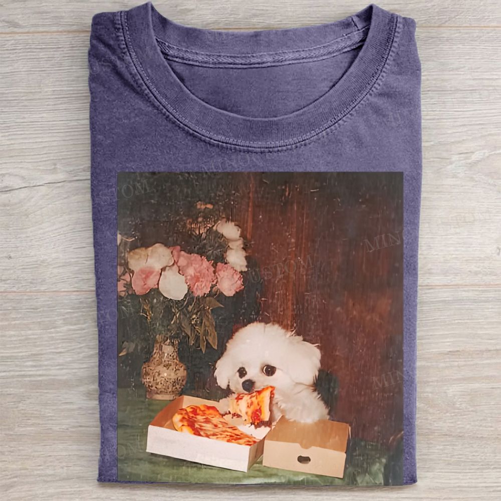 Oil Painting Style Pizza Dog Vintage Washed Tee