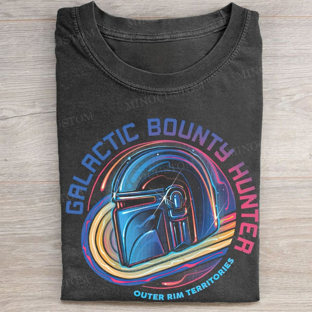 "Galactic Bounty Hunter" Neon Retro Helmet Vintage Washed Tee