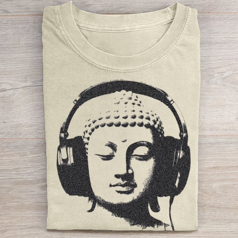 Buddha with Headphones Zen Music Casual Vintage Washed Tee