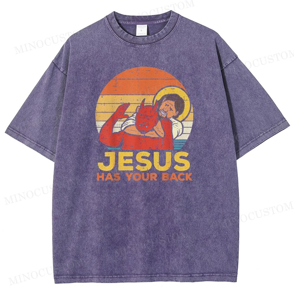 "Jesus Has Your Back" Retro Sunset Parody Washed T-Shirt 