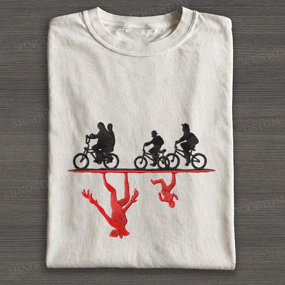 Embroidered Upside Down Bike Riders Casual Cotton T-shirt