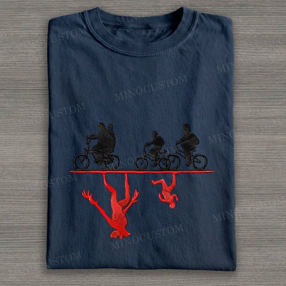 Embroidered Upside Down Bike Riders Casual Cotton T-shirt