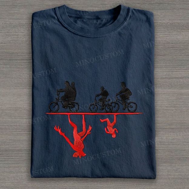 Embroidered Upside Down Bike Riders Casual Cotton T-shirt