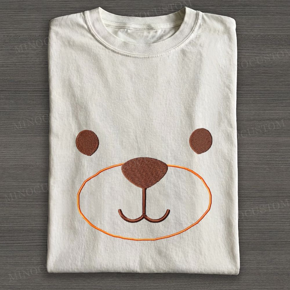 Embroidered Minimalist Bear Face Casual Cotton T-shirt