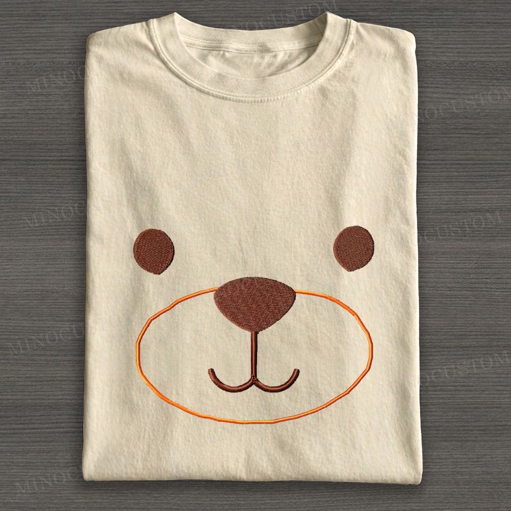 Embroidered Minimalist Bear Face Casual Cotton T-shirt