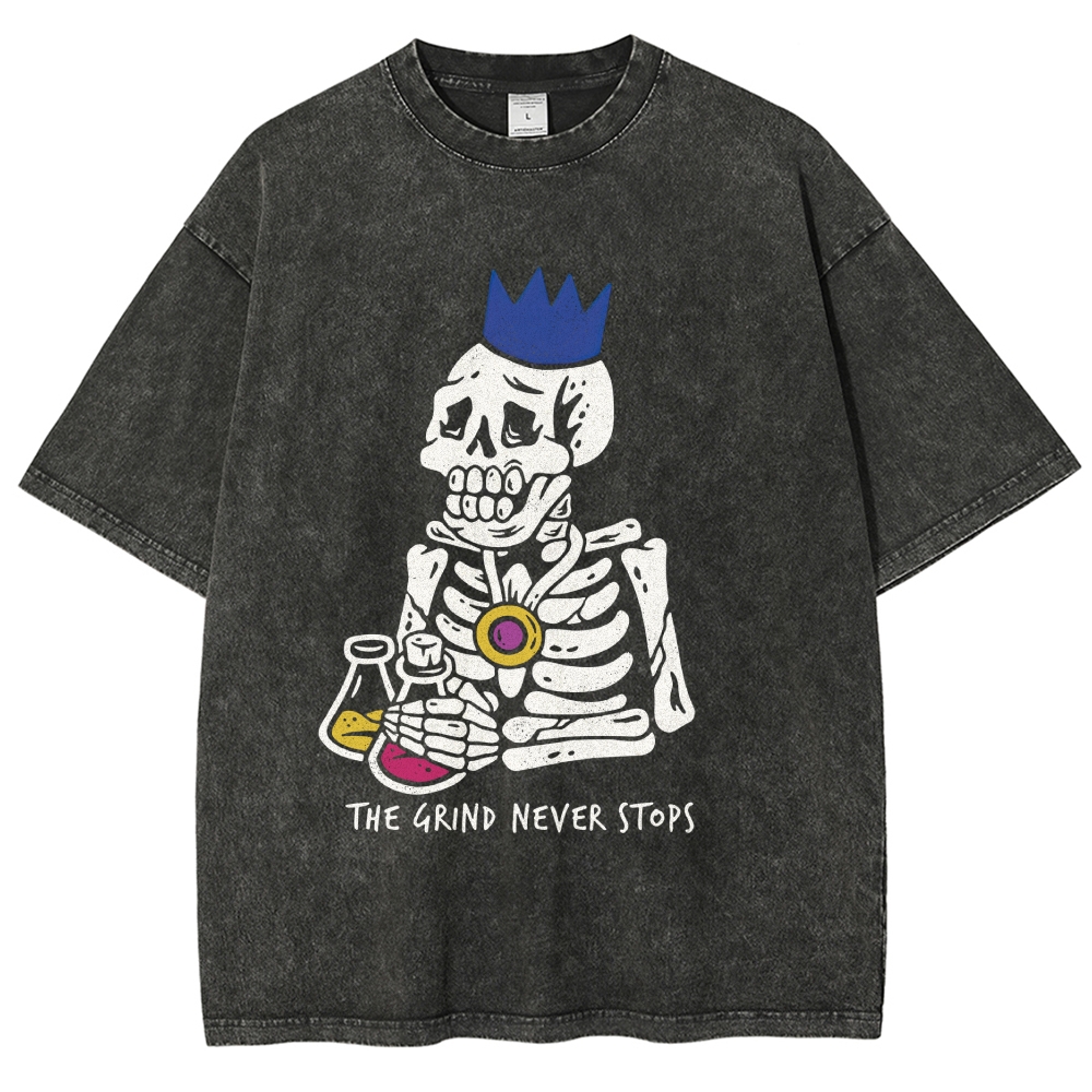 Vintage "The Grind Never Stops" Skeleton King Graphic Oversized Washed T-Shirt
