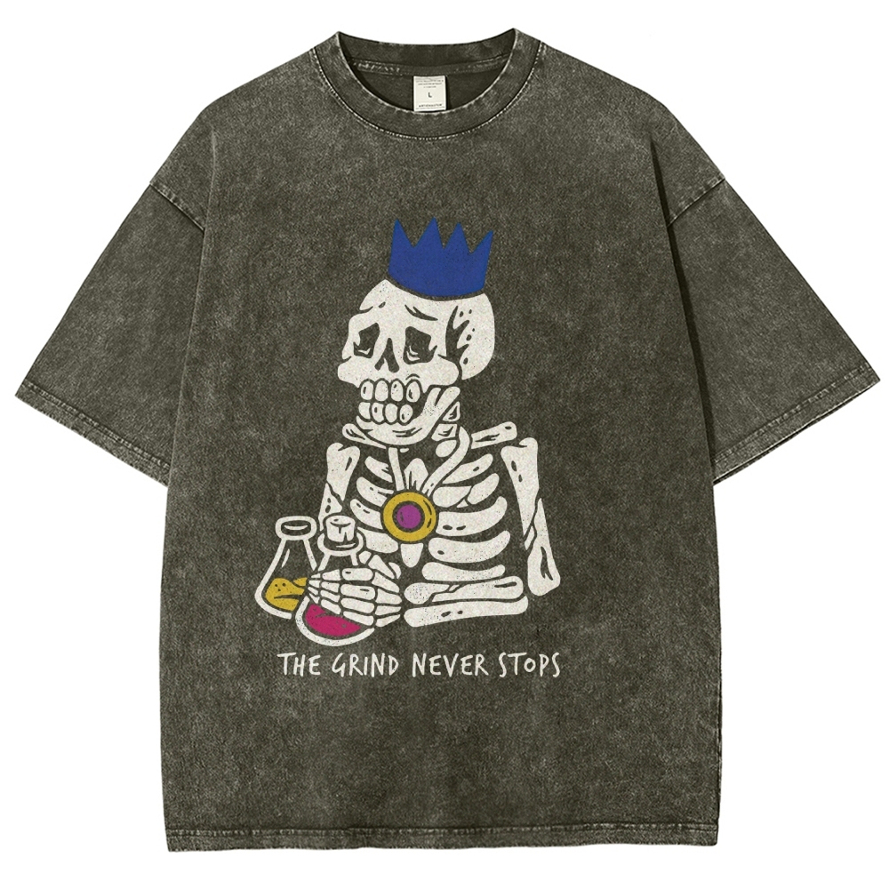 Vintage "The Grind Never Stops" Skeleton King Graphic Oversized Washed T-Shirt