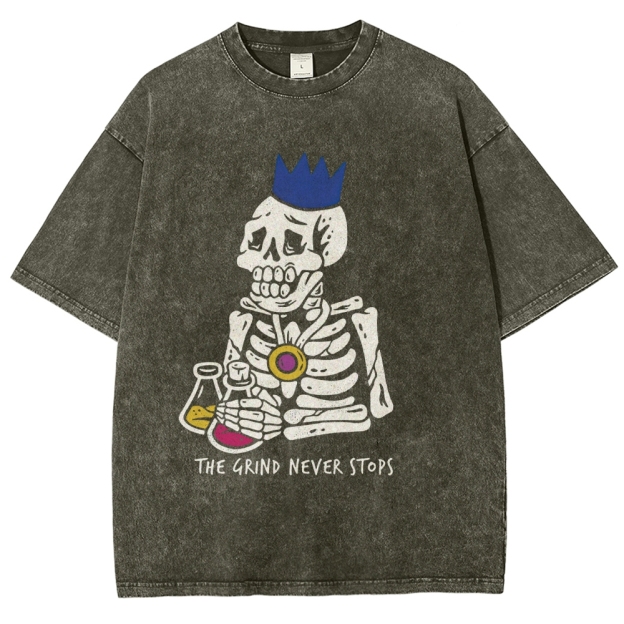 Vintage "The Grind Never Stops" Skeleton King Graphic Oversized Washed T-Shirt