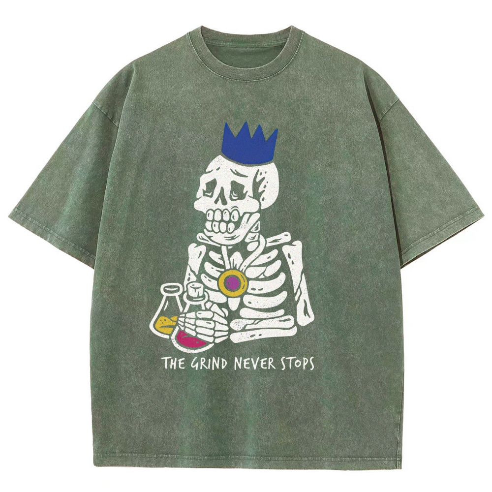 Vintage "The Grind Never Stops" Skeleton King Graphic Oversized Washed T-Shirt