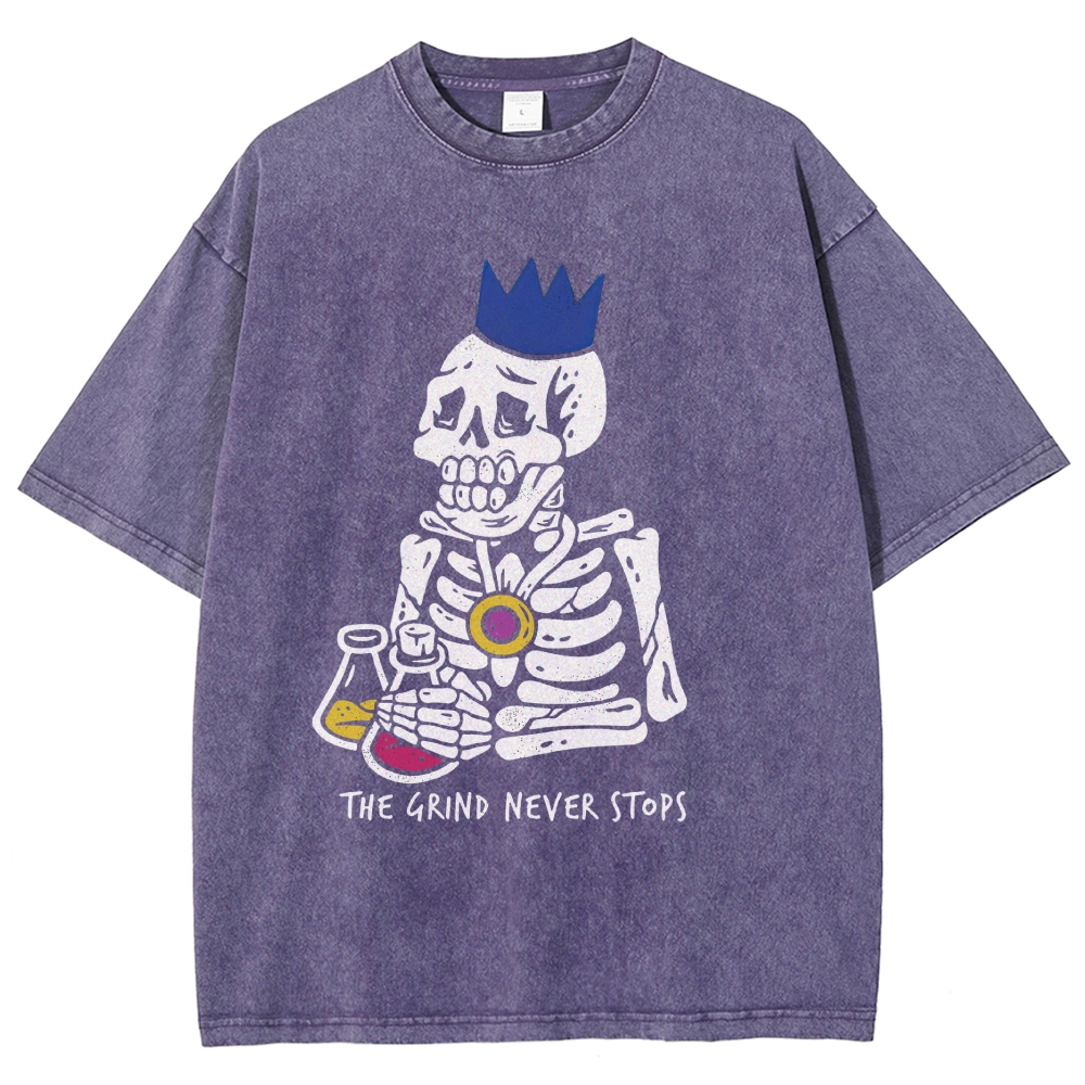 Vintage "The Grind Never Stops" Skeleton King Graphic Oversized Washed T-Shirt
