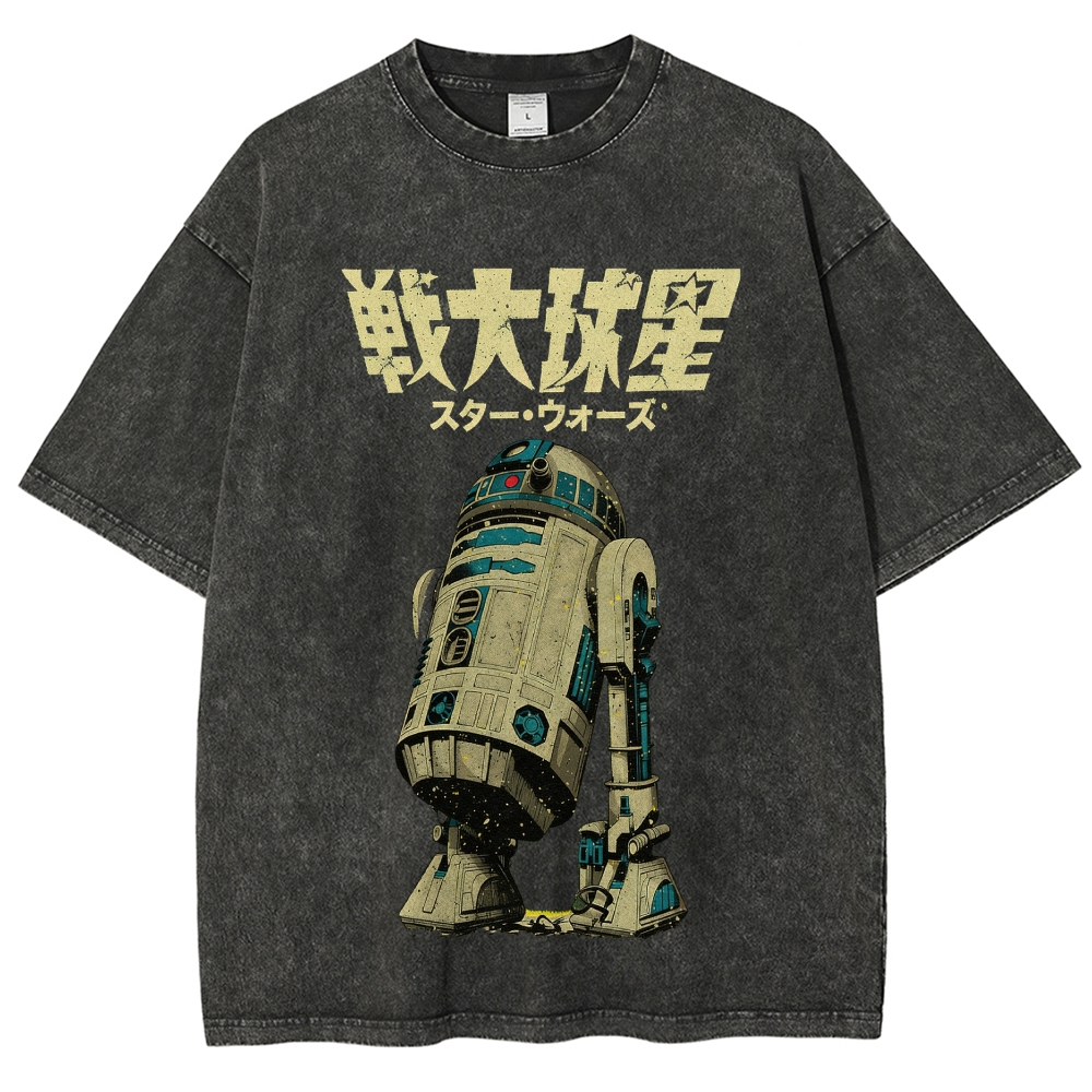 "Japanese Retro Droid" Printed Washed T-Shirt