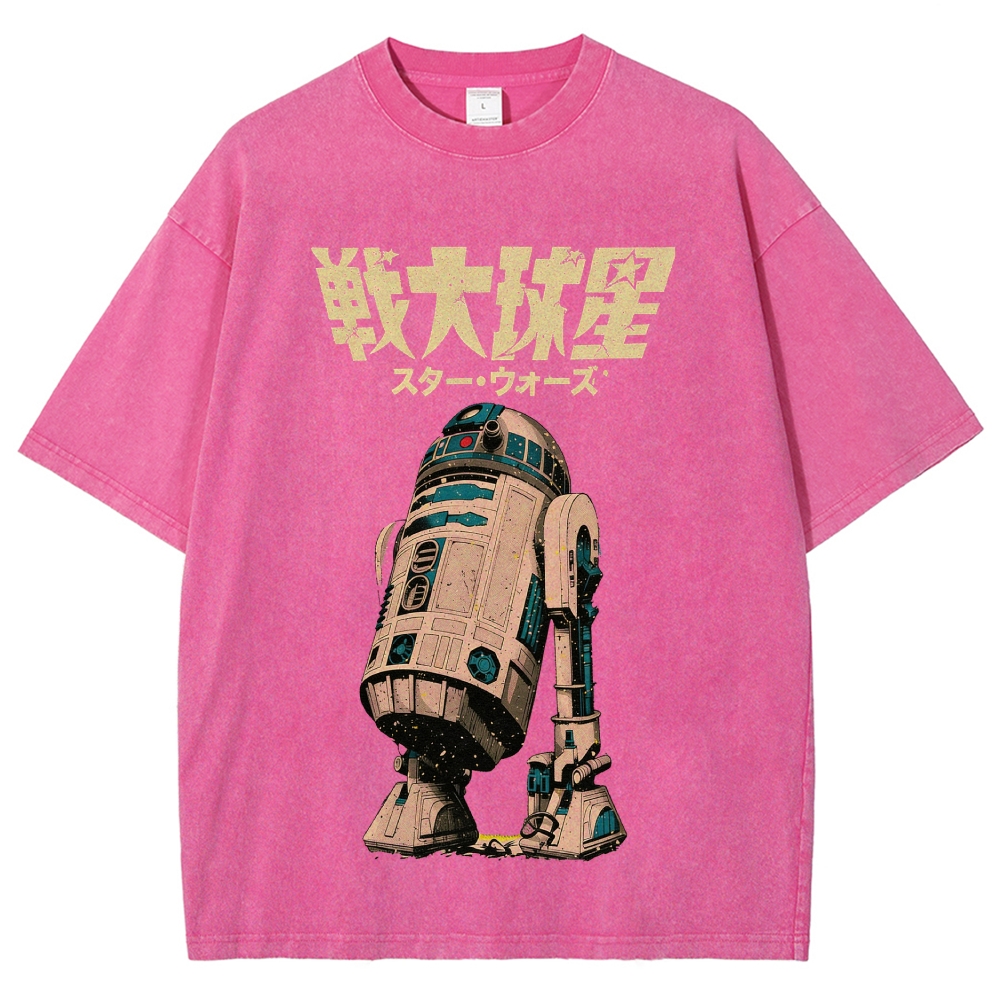 "Japanese Retro Droid" Printed Washed T-Shirt