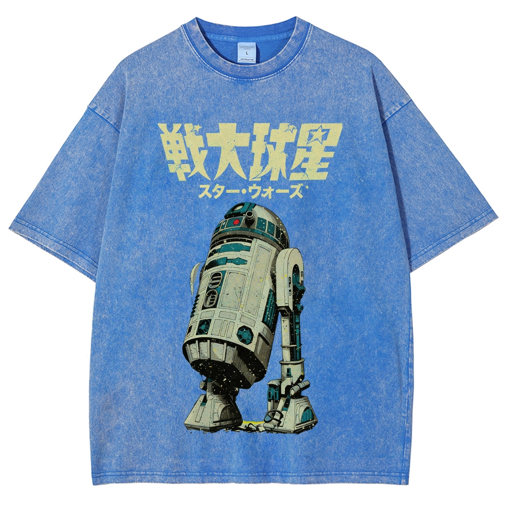 "Japanese Retro Droid" Printed Washed T-Shirt