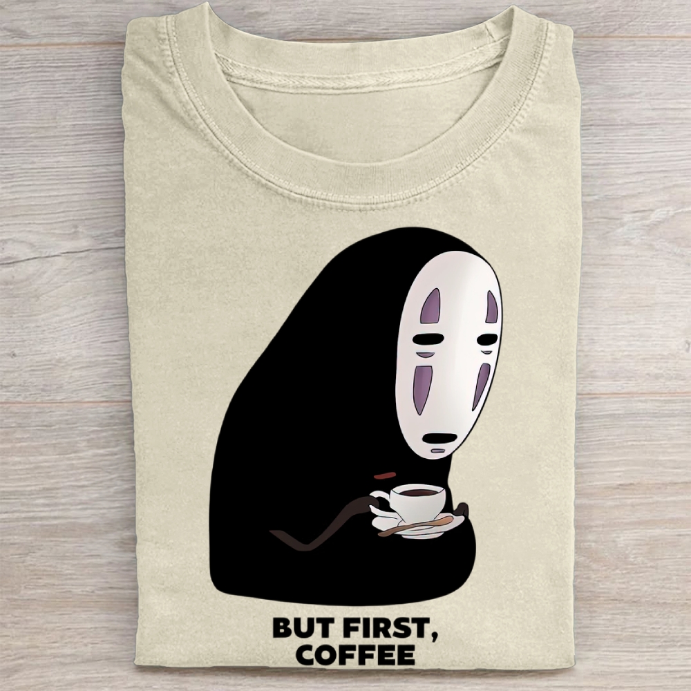 "But First, Coffee" No-Face Spirit Casual Vintage Washed Tee