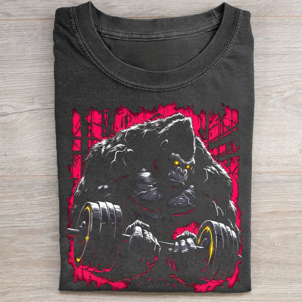 Gym Gorilla Weightlifting Retro Graphic Vintage Washed Tee