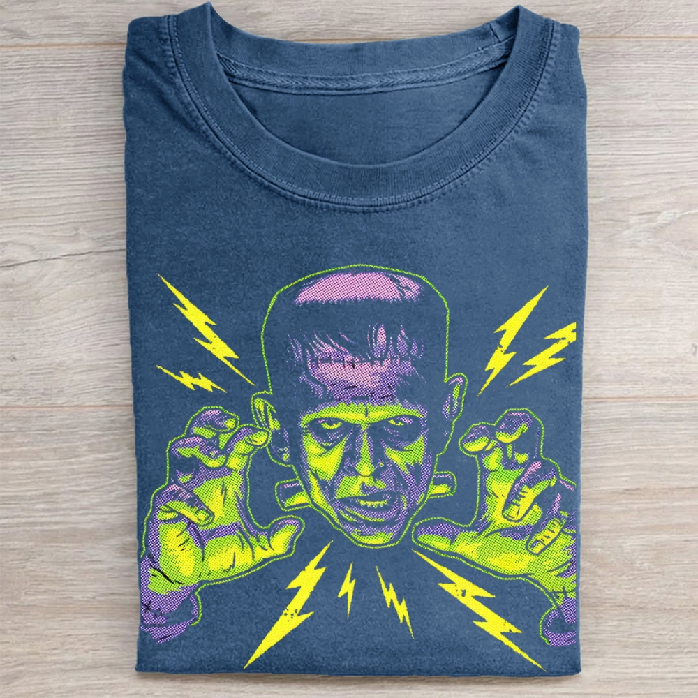  Retro Neon Frankenstein Monster Graphic Vintage Washed Tee 