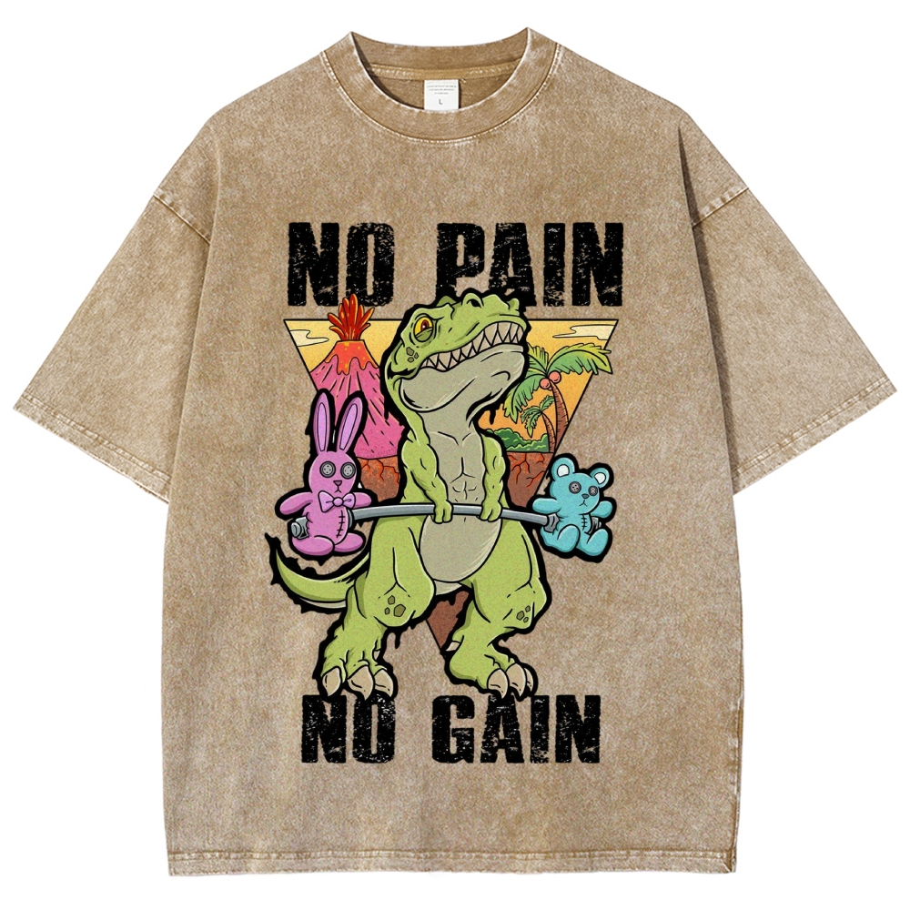 "No Pain No Gain" Dinosaur Lifter Washed T-Shirt 