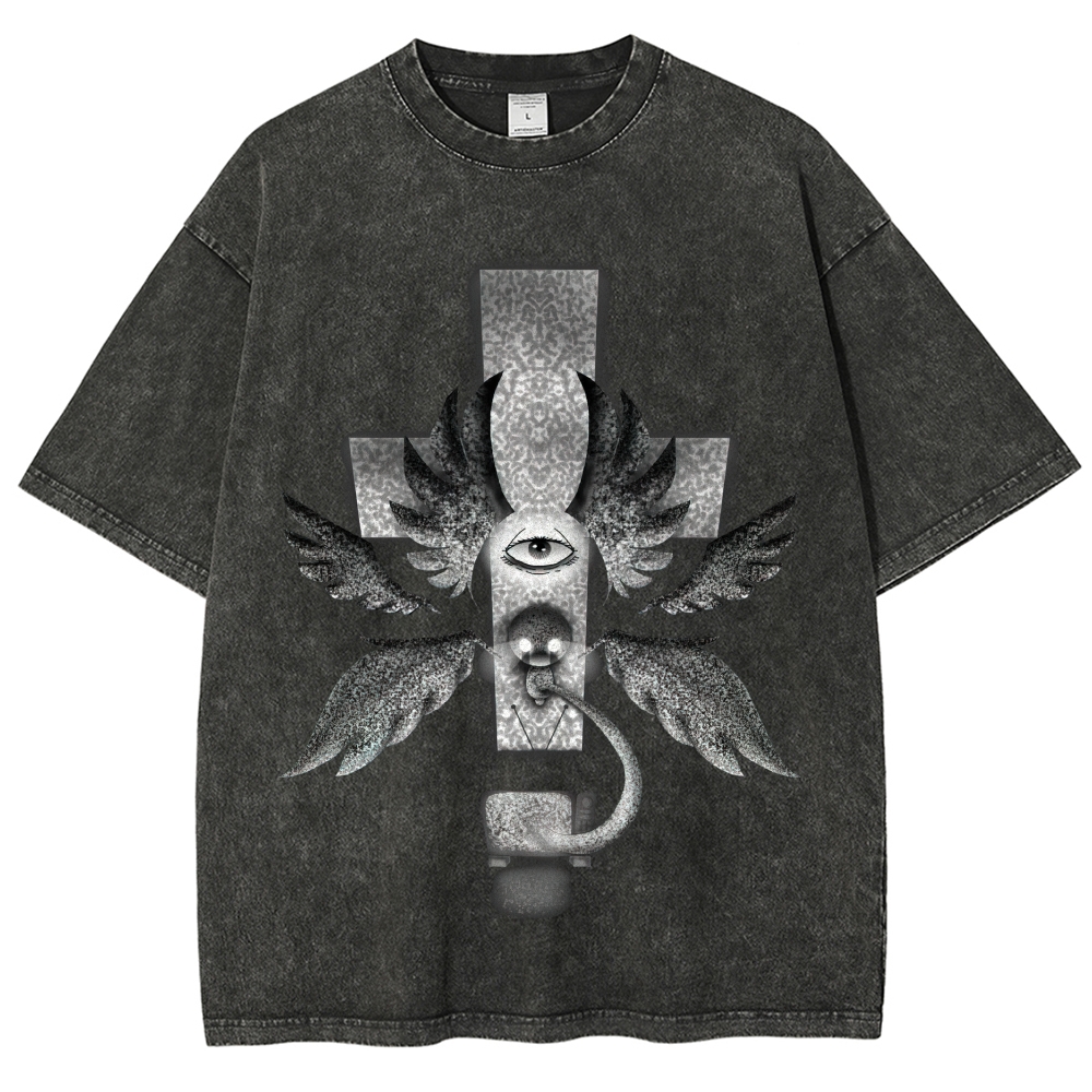 Vintage "All-Seeing Eye Cross" Dark Surreal Graphic Oversized Washed T-Shirt