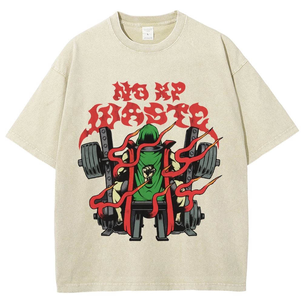 Vintage "No XP Waste" Gamer Fitness Graphic Oversized Washed T-Shirt