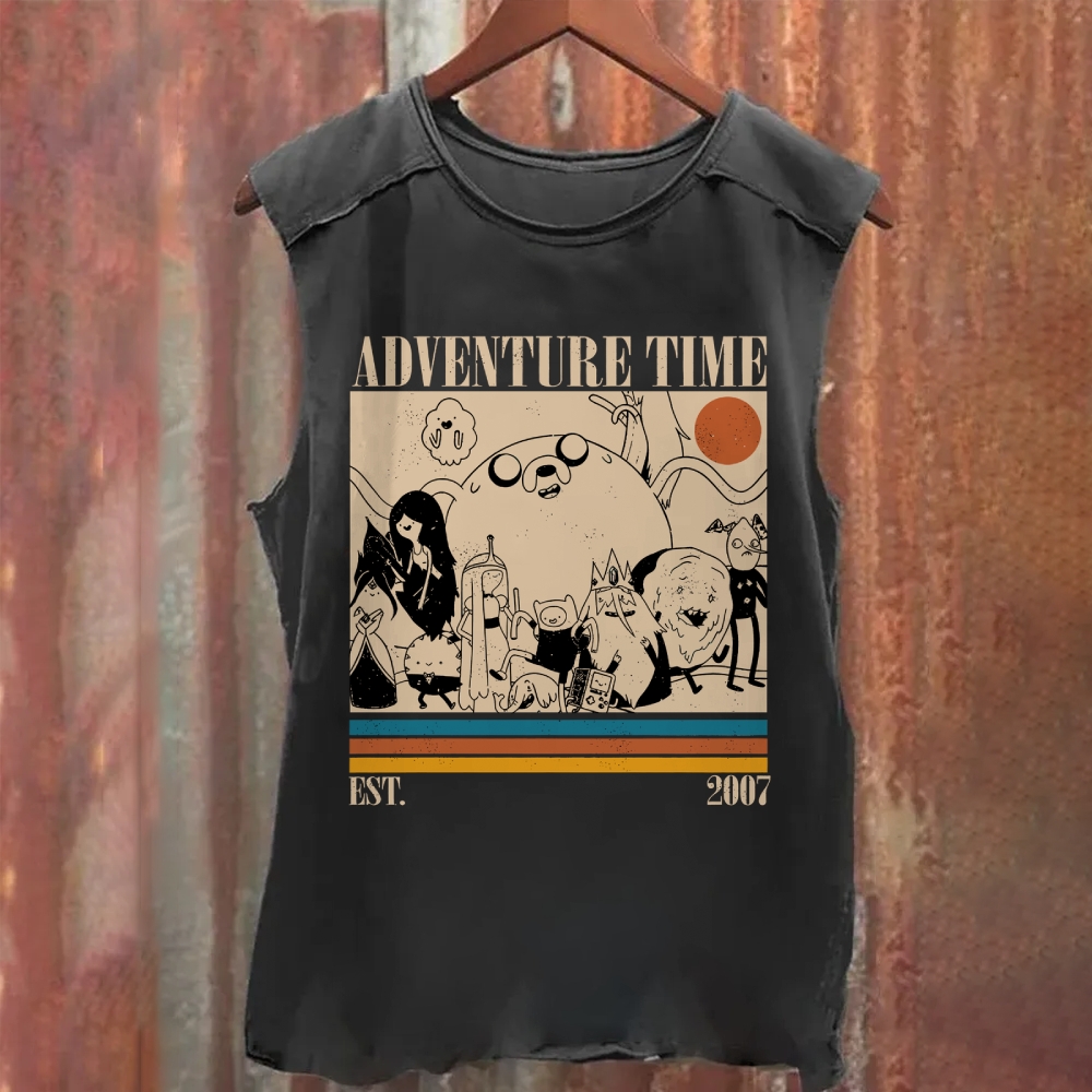 Vintage "Adventure Time Characters" Retro Stripes Washed Tank Top