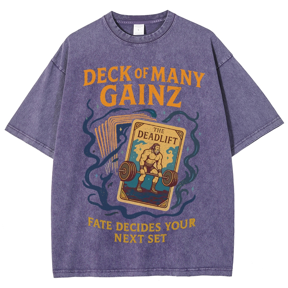 Vintage "Deck of Many Gainz" Deadlift Card Graphic Washed T-Shirt 