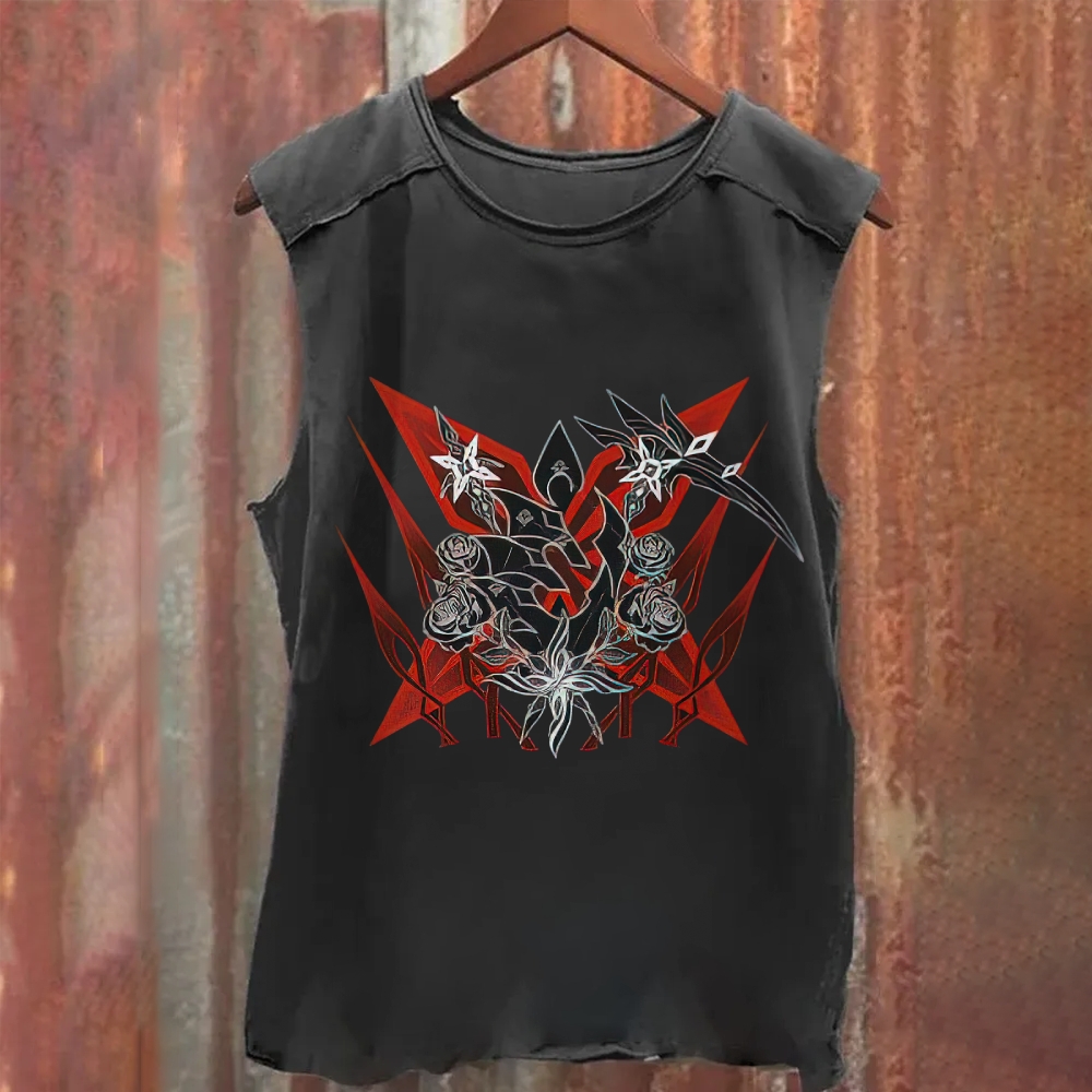 Vintage "Arlecchino Crimson Rose" Abstract Character Graphic Washed Tank Top