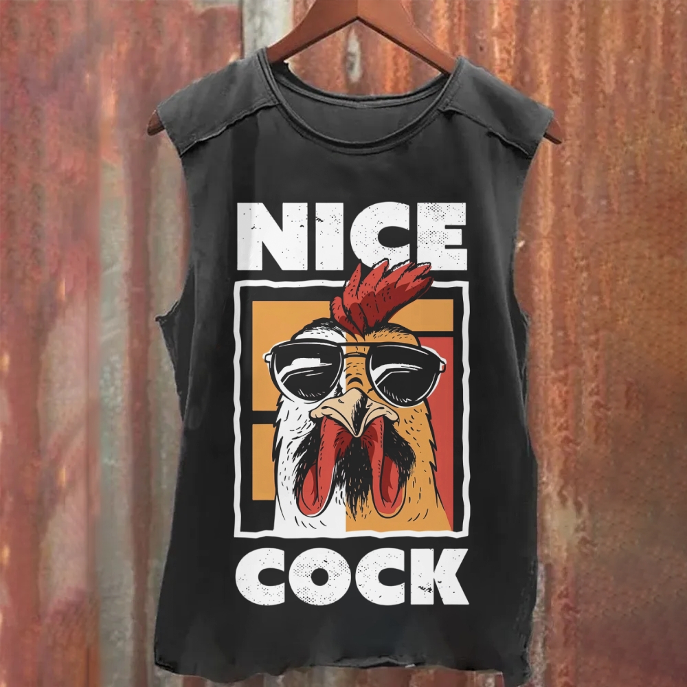 "Nice Cock" Funny Rooster Graphic Washed Tank Top