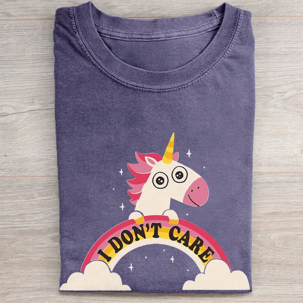 "I Don't Care" Unicorn Rainbow Vintage Washed Tee