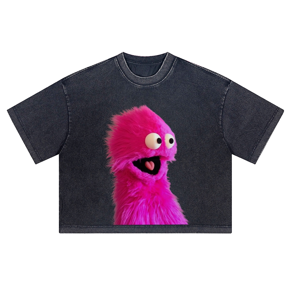 "Pink Fuzzy Muppet" Retro Washed Cropped T-Shirt
