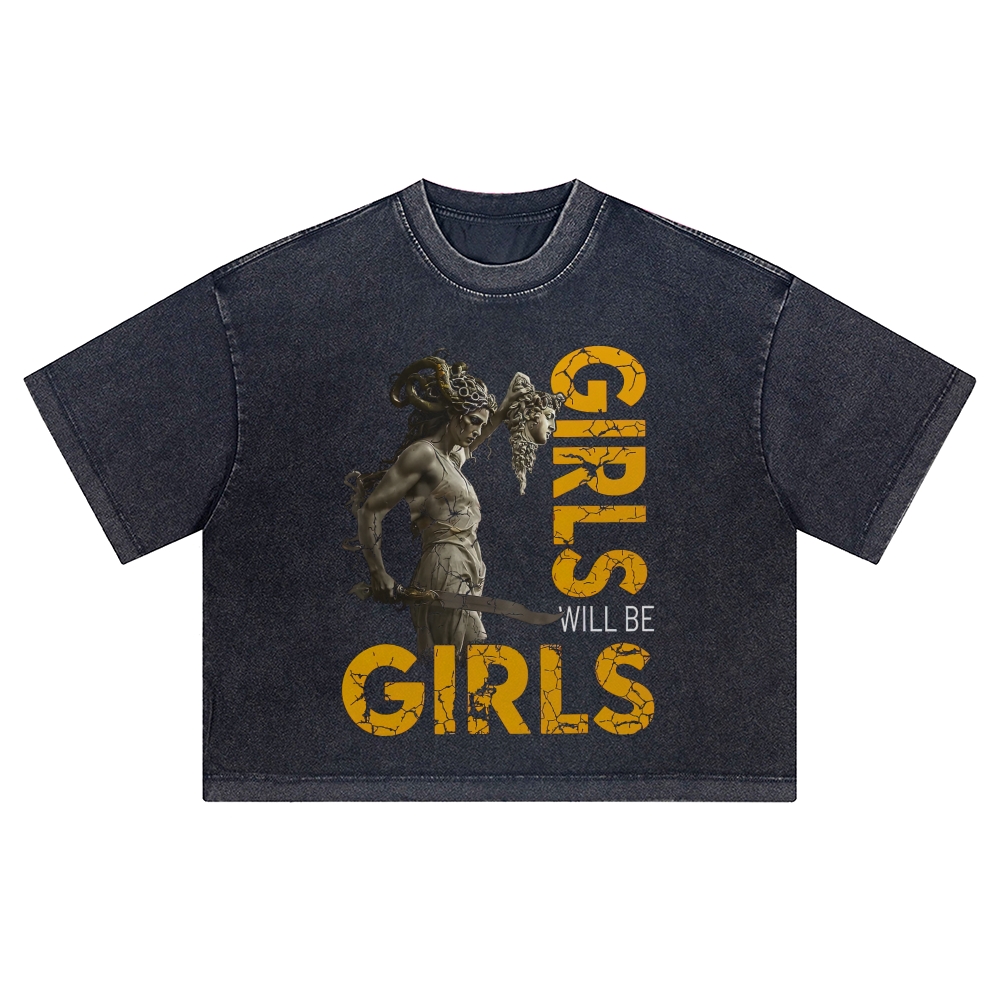 "GIRLS WILL BE GIRLS" Cracked Medusa Washed Cropped T-Shirt 